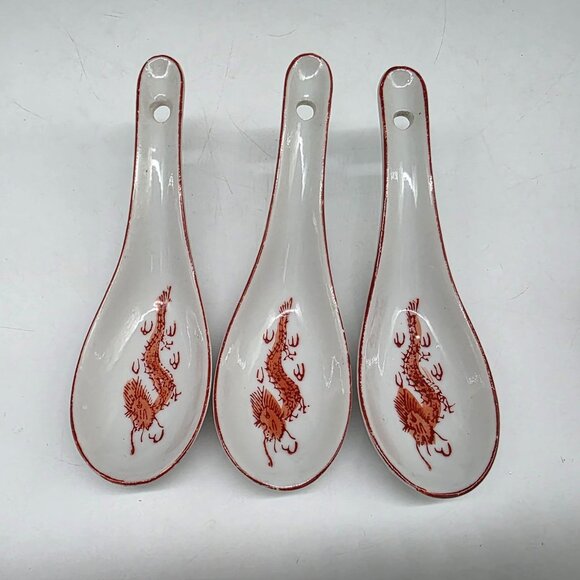 Japanese Porcelain Spoons With Silverplated Dragon Rest Design Set of 3 - Picture 2 of 9